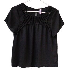 Black Semi Sheer Cage Style Cutout Blouse Top Jr Junior Sz M Short Sleeves